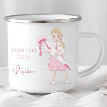 Kindertasse zur Einschulung, Mädchen mit Zuckertüte