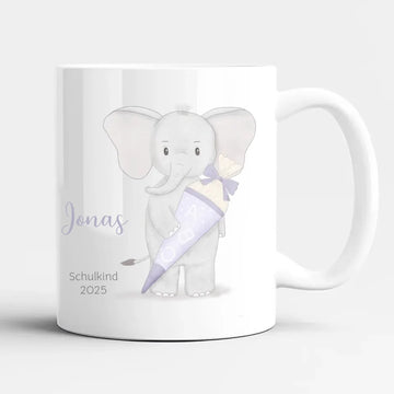 Tasse zur Einschulung, Elefant mit Schultüte