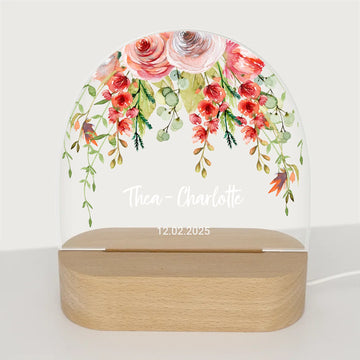 Nachtlicht Blumen rot personalisiert Nachtlicht oval mit Holzständer und LED-Licht BxHxT ca. 14,5 x 16 x 6 cm 4 mm Acrylglas & Buchenholzständer