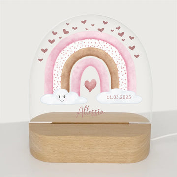 Nachtlicht Regenbogen mit Herzen personalisiert Nachtlicht oval mit Holzständer und LED-Licht BxHxT ca. 14,5 x 16 x 6 cm 4 mm Acrylglas & Buchenholzständer