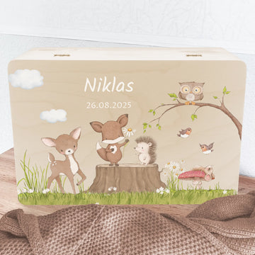 Erinnerungsbox Waldtiere, personalisiert 30,0 x 20,0 x 13,0 cm Fichten- u. Birkenholz Erinnerungsbox