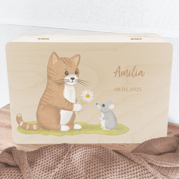 Erinnerungskiste Katze mit Maus, personalisiert Erinnerungsbox Fichten- u. Birkenholz 30,0 x 20,0 x 13,0 cm