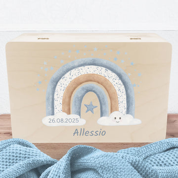 Erinnerungskiste Regenbogen blau, personalisiert Erinnerungsbox Fichten- u. Birkenholz 30,0 x 20,0 x 13,0 cm