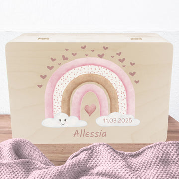 Erinnerungskiste Regenbogen rosa, personalisiert Erinnerungsbox Fichten- u. Birkenholz 30,0 x 20,0 x 13,0 cm