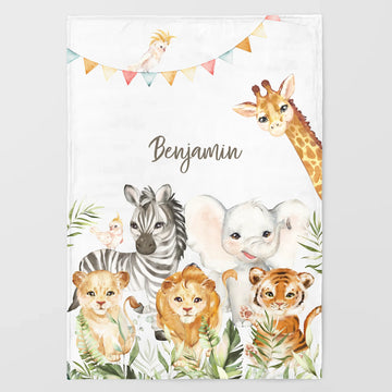 Kinderdecke Safaritiere personalisiert, Namensdecke Standarddecke weiß bedruckt 70 x 100 cm