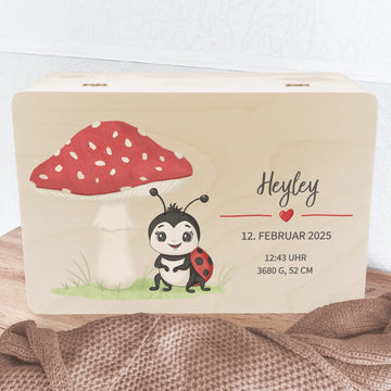 Erinnerungskiste Pilz und Marienkäfer, personalisiert Erinnerungsbox Fichten- u. Birkenholz 30,0 x 20,0 x 13,0 cm