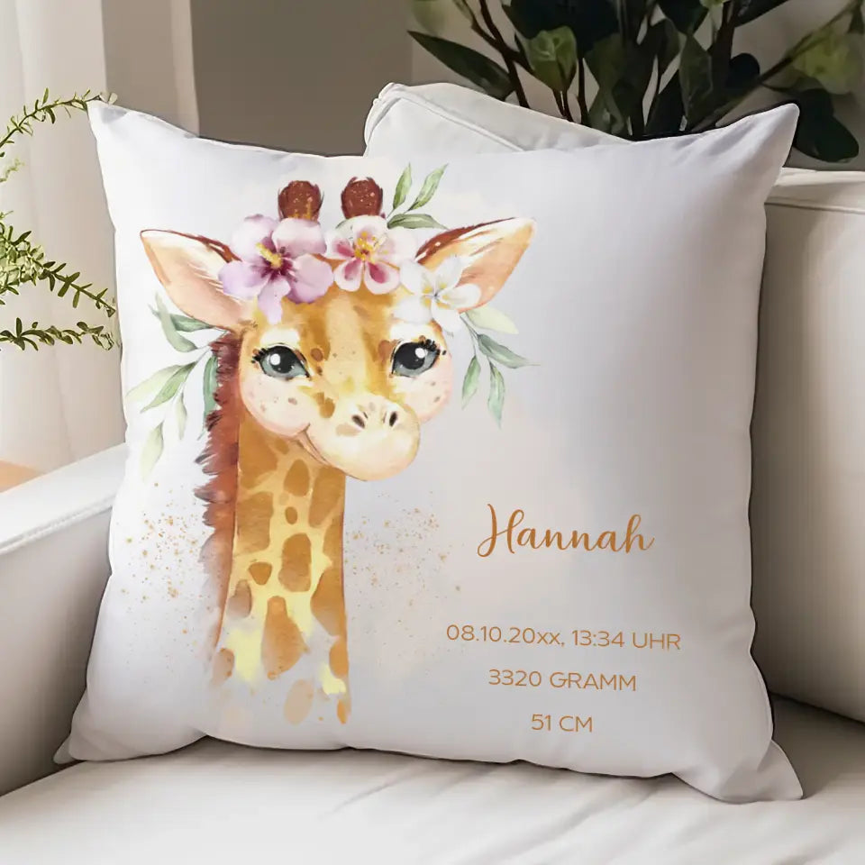 Geburtskissen Giraffe personalisiert, Namenskissen Kissen - Jersey Jersey