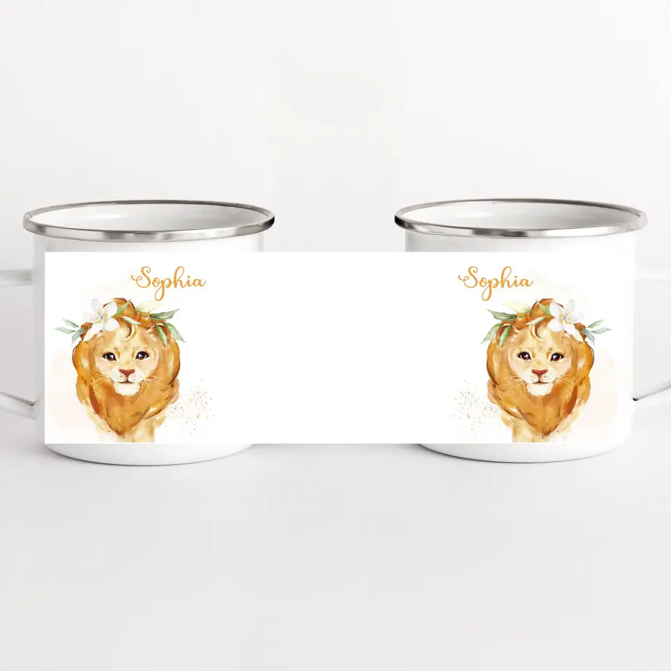 Kindertasse Löwe mit Namen, personalisiert weiss bedruckt Kindertasse Emaille Panorama Höhe: 8 cm, Durchmesser: 8 cm, Volumen: 300 ml, Gewicht: 130 g