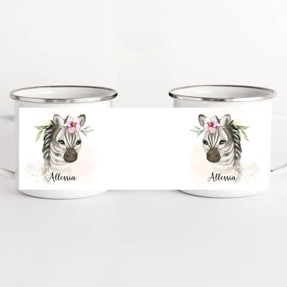 Kindertasse Zebra mit Namen, personalisiert weiss bedruckt Kindertasse Emaille Panorama Höhe: 8 cm, Durchmesser: 8 cm, Volumen: 300 ml, Gewicht: 130 g