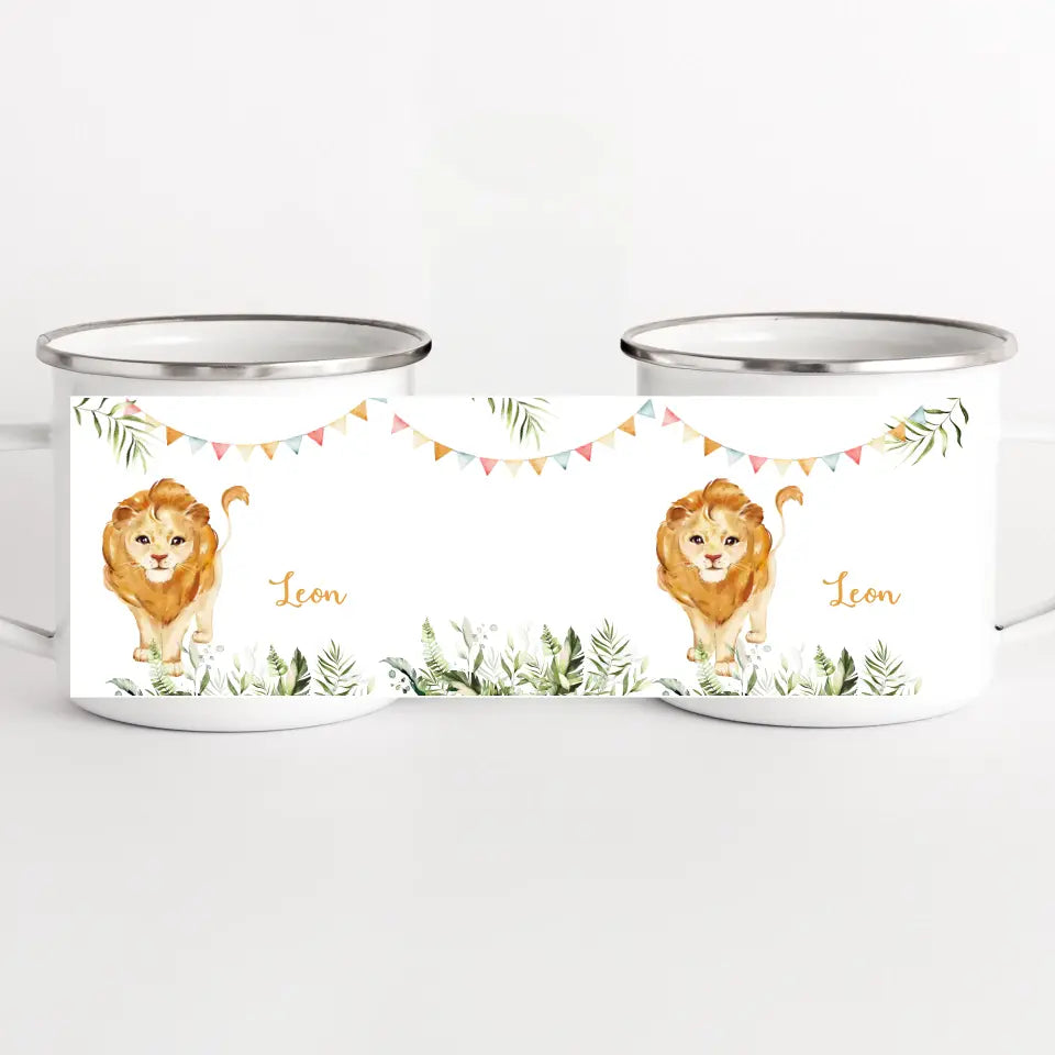 Kindertasse Löwe personalisiert mit Namen weiss bedruckt Kindertasse Emaille Panorama Höhe: 8 cm, Durchmesser: 8 cm, Volumen: 300 ml, Gewicht: 130 g