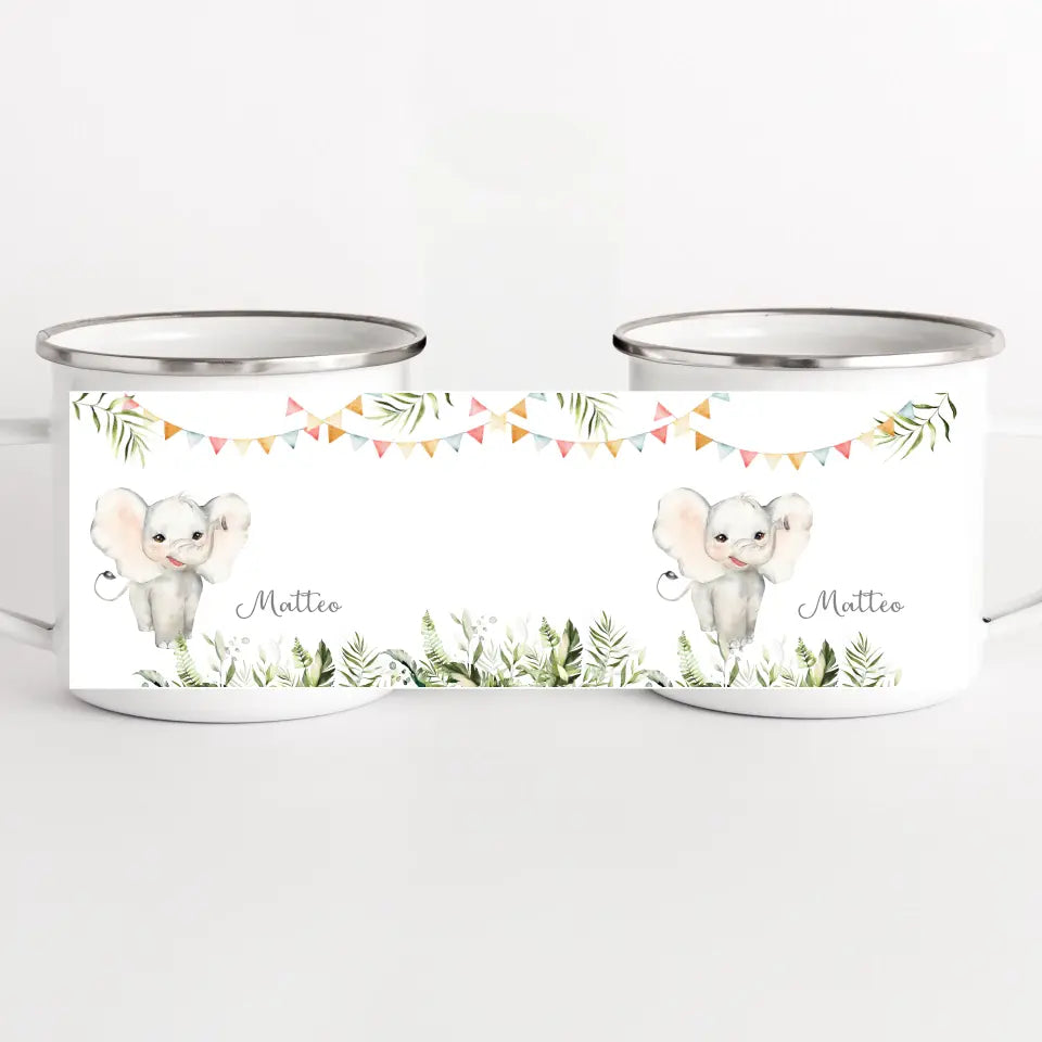 Kindertasse Elefant personalisiert mit Namen weiss bedruckt Kindertasse Emaille Panorama Höhe: 8 cm, Durchmesser: 8 cm, Volumen: 300 ml, Gewicht: 130 g