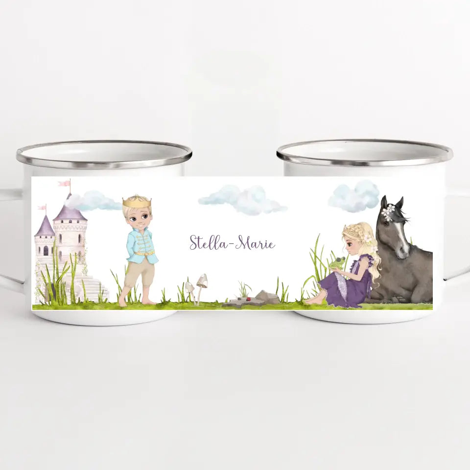 Kindertasse Prinzessin mit Pferd, blonde Haare weiss bedruckt Kindertasse Emaille Panorama Höhe: 8 cm, Durchmesser: 8 cm, Volumen: 300 ml, Gewicht: 130 g