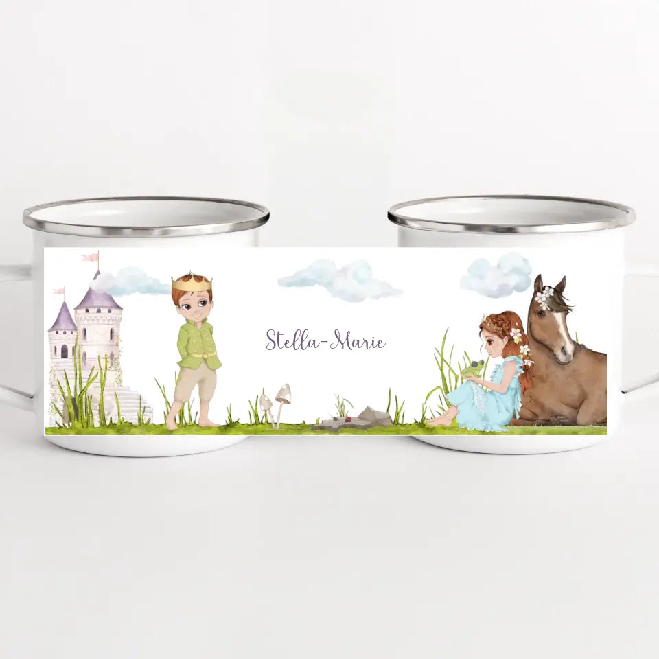 Kindertasse Prinzessin mit Pferd, rote Haare weiss bedruckt Kindertasse Emaille Panorama Höhe: 8 cm, Durchmesser: 8 cm, Volumen: 300 ml, Gewicht: 130 g