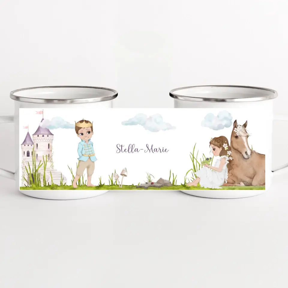 Kindertasse Prinzessin mit Pferd, hellbraune Haare weiss bedruckt Kindertasse Emaille Panorama Höhe: 8 cm, Durchmesser: 8 cm, Volumen: 300 ml, Gewicht: 130 g