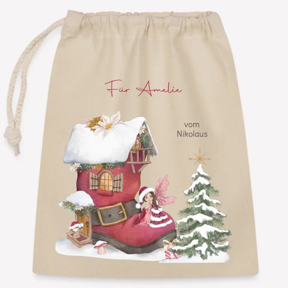Nikolaussack Feenhaus mit Weihnachtsfee und Maus Geschenkbeutel aus Baumwolle (25x30cm), Volumen 1 Liter Natur 25x30 cm