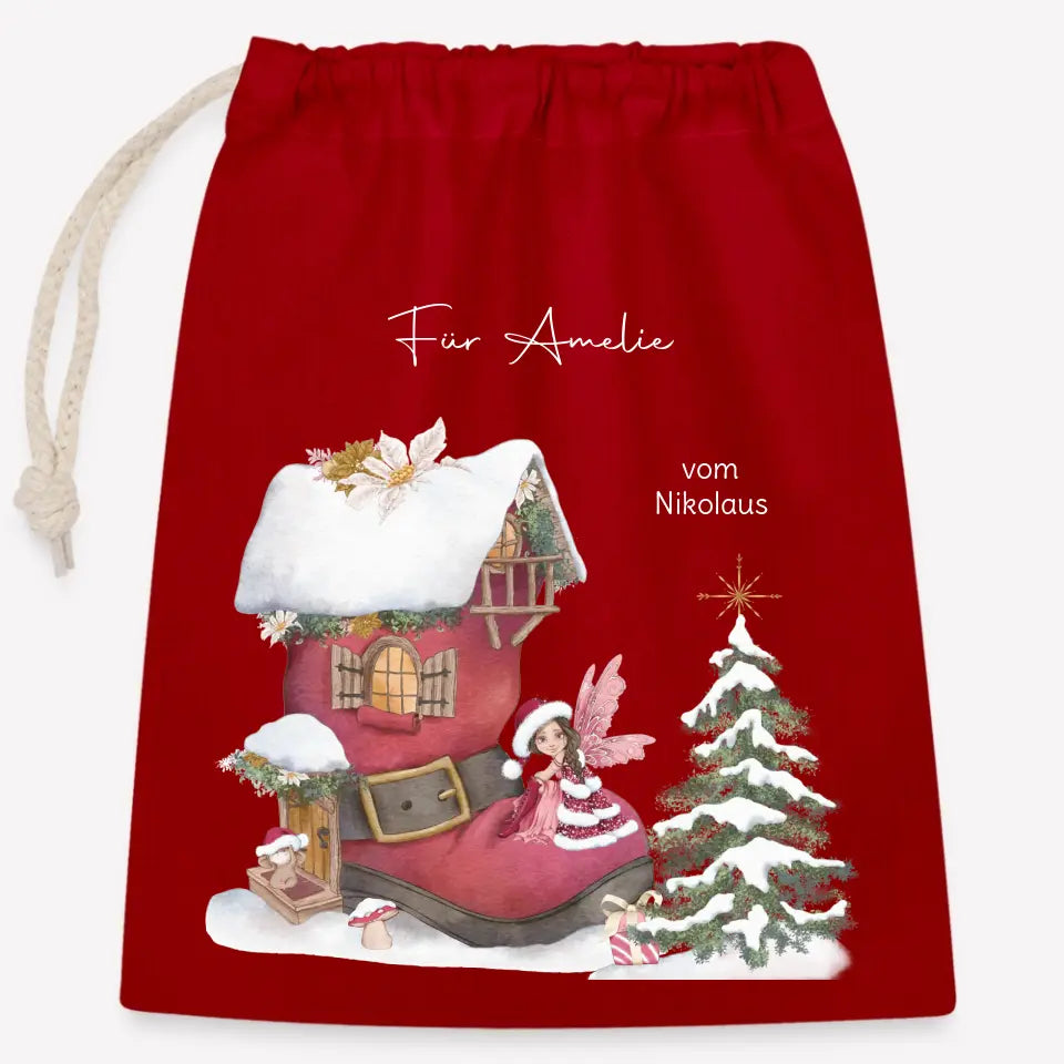 Nikolaussack Feenhaus mit Weihnachtsfee und Maus Geschenkbeutel aus Baumwolle (25x30cm), Volumen 1 Liter Natur 25x30 cm
