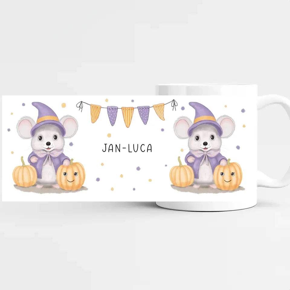 Tasse Halloween Maus mit Kürbis Tasse (Keramik) weiss bedruckt Höhe: 9,5 cm, Durchmesser: 8 cm, Volumen: 325 ml