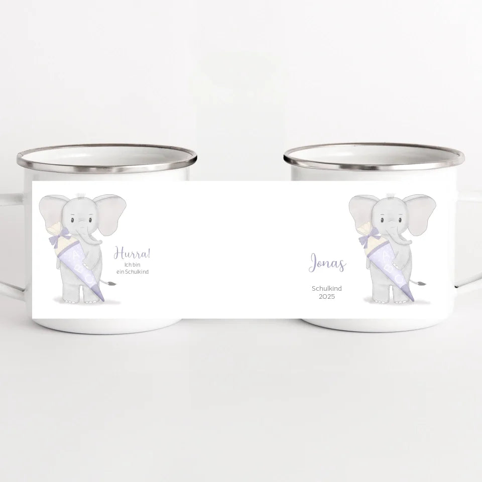 Kindertasse zur Einschulung, Elefant mit Schultüte weiss bedruckt Kindertasse Emaille Panorama Höhe: 8 cm, Durchmesser: 8 cm, Volumen: 300 ml, Gewicht: 130 g