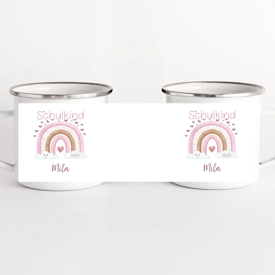 Kindertasse zur Einschulung, Regenbogen mit Herzen weiss bedruckt Kindertasse Emaille Panorama Höhe: 8 cm, Durchmesser: 8 cm, Volumen: 300 ml, Gewicht: 130 g