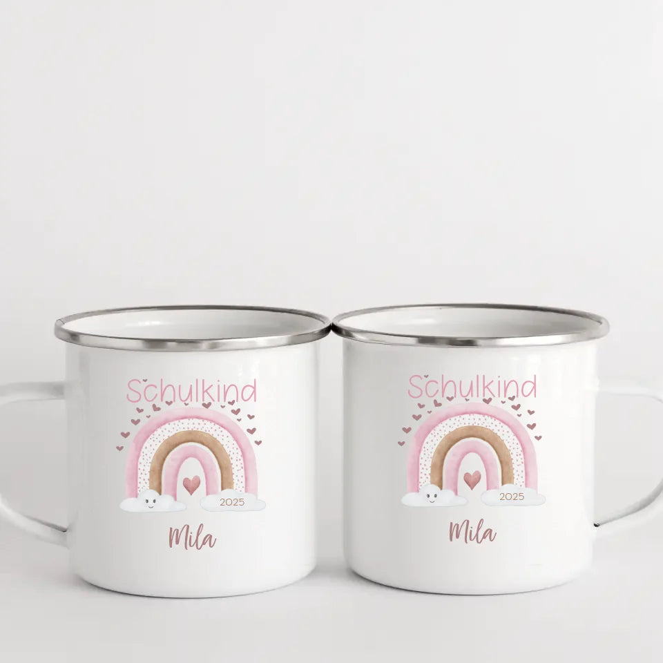 Kindertasse zur Einschulung, Regenbogen mit Herzen