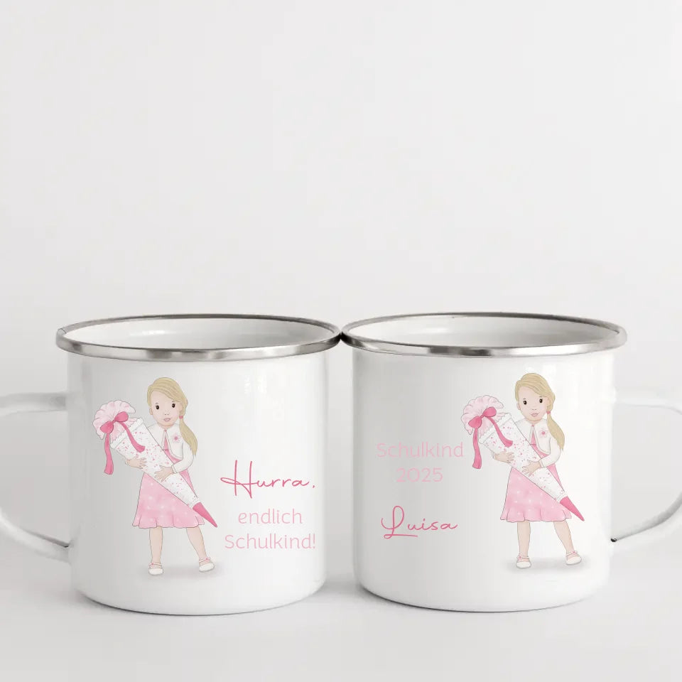 Kindertasse zur Einschulung, Mädchen mit Zuckertüte