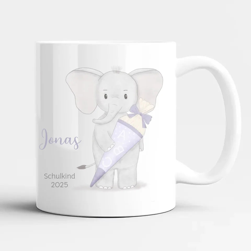 Tasse zur Einschulung, Elefant mit Schultüte
