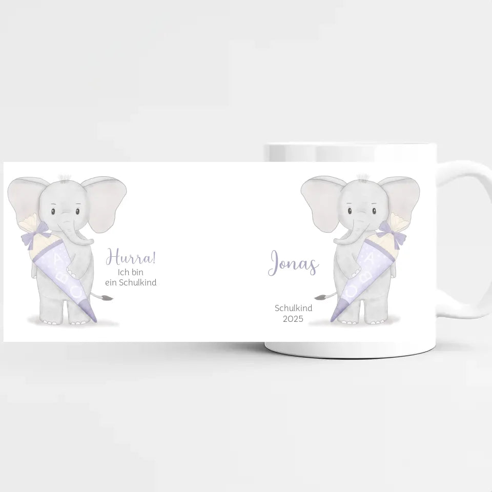 Tasse zur Einschulung, Elefant mit Schultüte Tasse (Keramik) weiss bedruckt Höhe: 9,5 cm, Durchmesser: 8 cm, Volumen: 325 ml