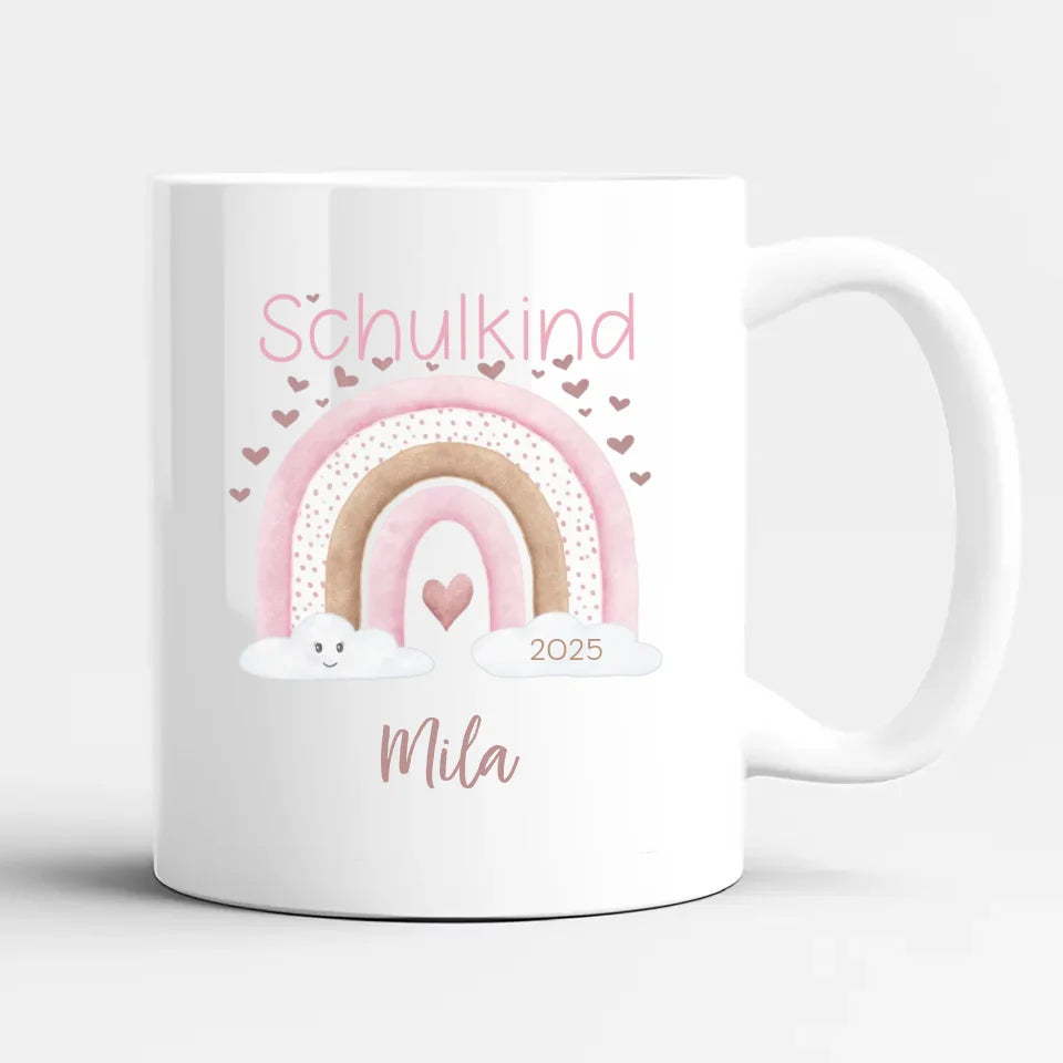 Tasse zur Einschulung, Regenbogen mit Herzen