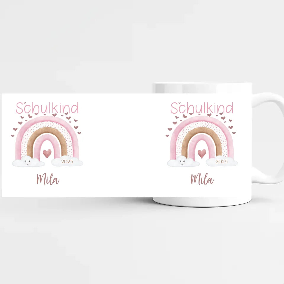 Tasse zur Einschulung, Regenbogen mit Herzen