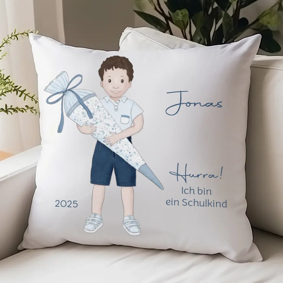 Kinderkissen zur Einschulung, Junge mit Schultüte Kissen - Jersey Jersey