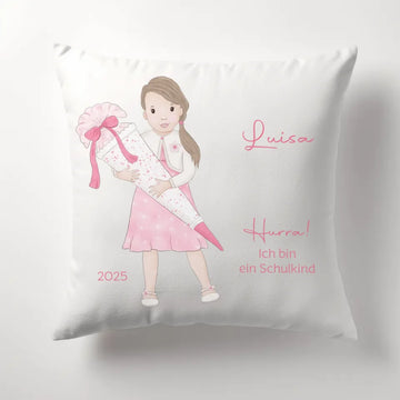 Kinderkissen zur Einschulung, Mädchen mit Schultüte Kissen - Plüsch Plüsch