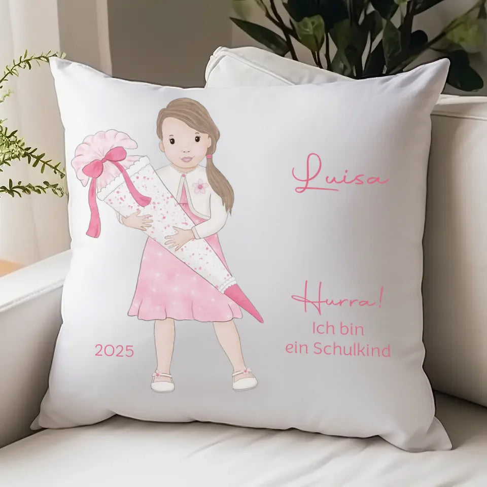 Kinderkissen zur Einschulung, Mädchen mit Schultüte Kissen - Jersey Jersey