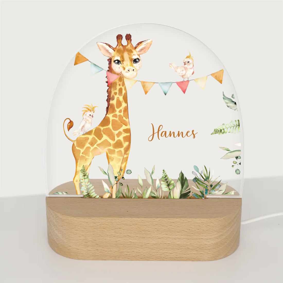 Nachtlicht Giraffe personalisiert Nachtlicht oval mit Holzständer und LED-Licht BxHxT ca. 14,5 x 16 x 6 cm 4 mm Acrylglas & Buchenholzständer