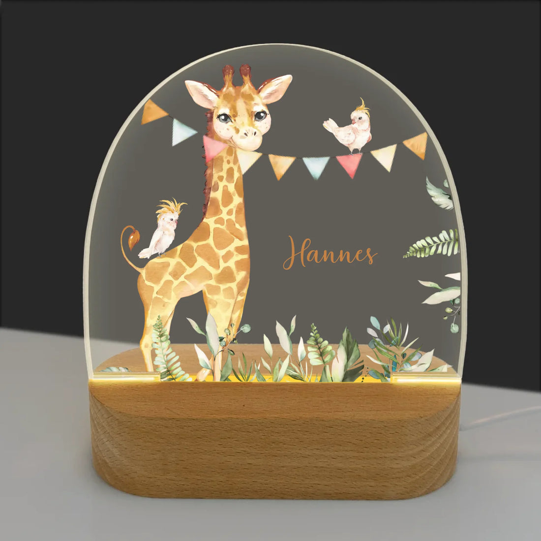 Nachtlicht Giraffe personalisiert Nachtlicht oval mit Holzständer und LED-Licht BxHxT ca. 14,5 x 16 x 6 cm 4 mm Acrylglas & Buchenholzständer
