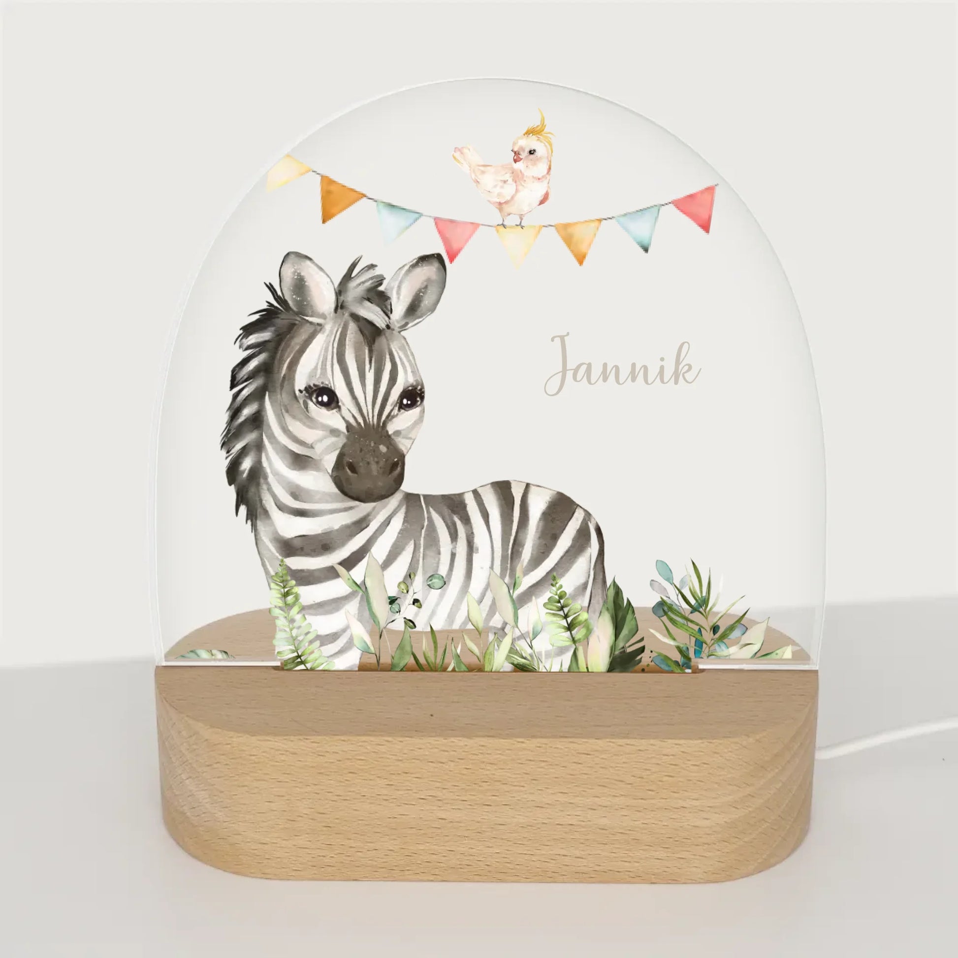 Nachtlicht Zebra personalisiert Nachtlicht oval mit Holzständer und LED-Licht BxHxT ca. 14,5 x 16 x 6 cm 4 mm Acrylglas & Buchenholzständer