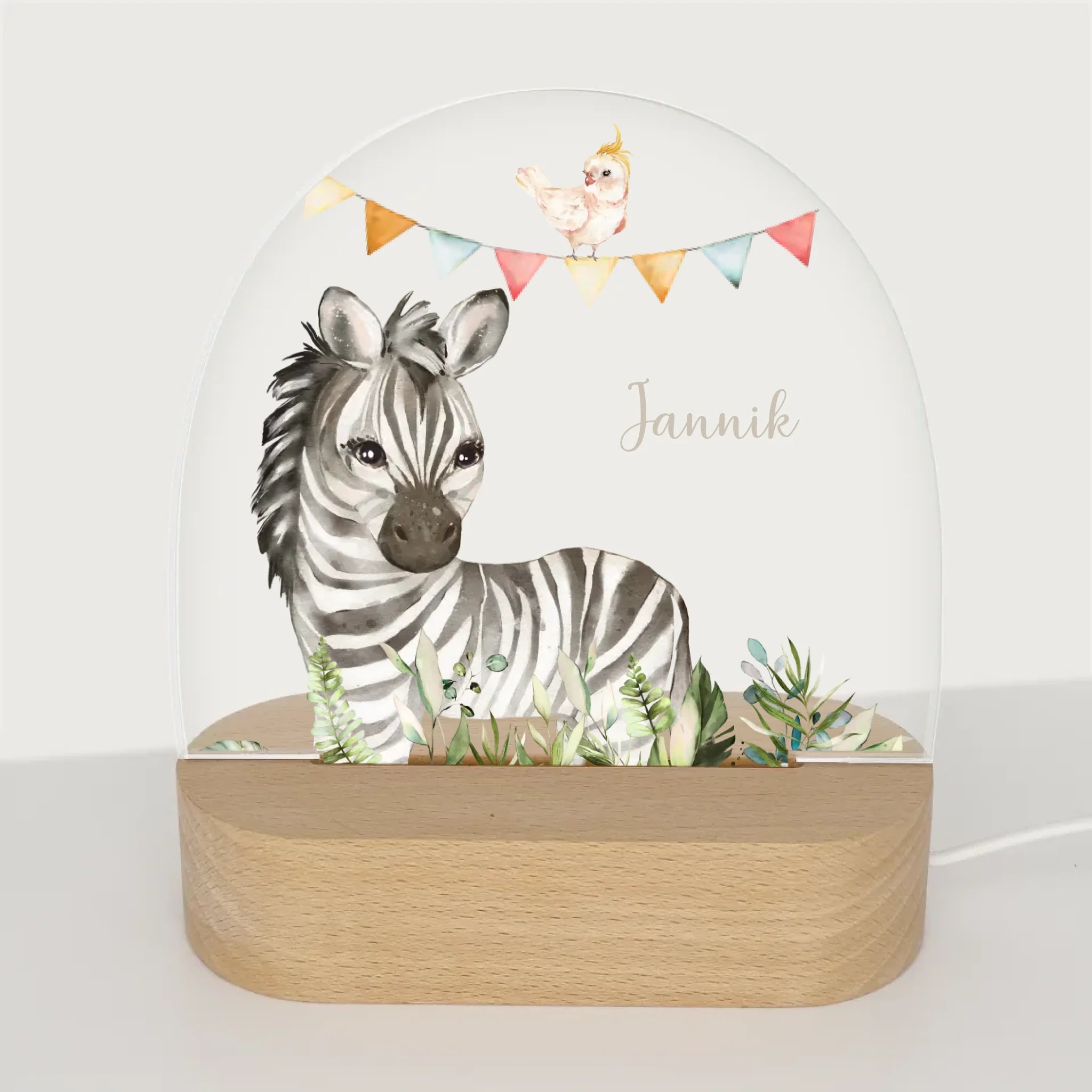 Nachtlicht Zebra personalisiert Nachtlicht oval mit Holzständer und LED-Licht BxHxT ca. 14,5 x 16 x 6 cm 4 mm Acrylglas & Buchenholzständer