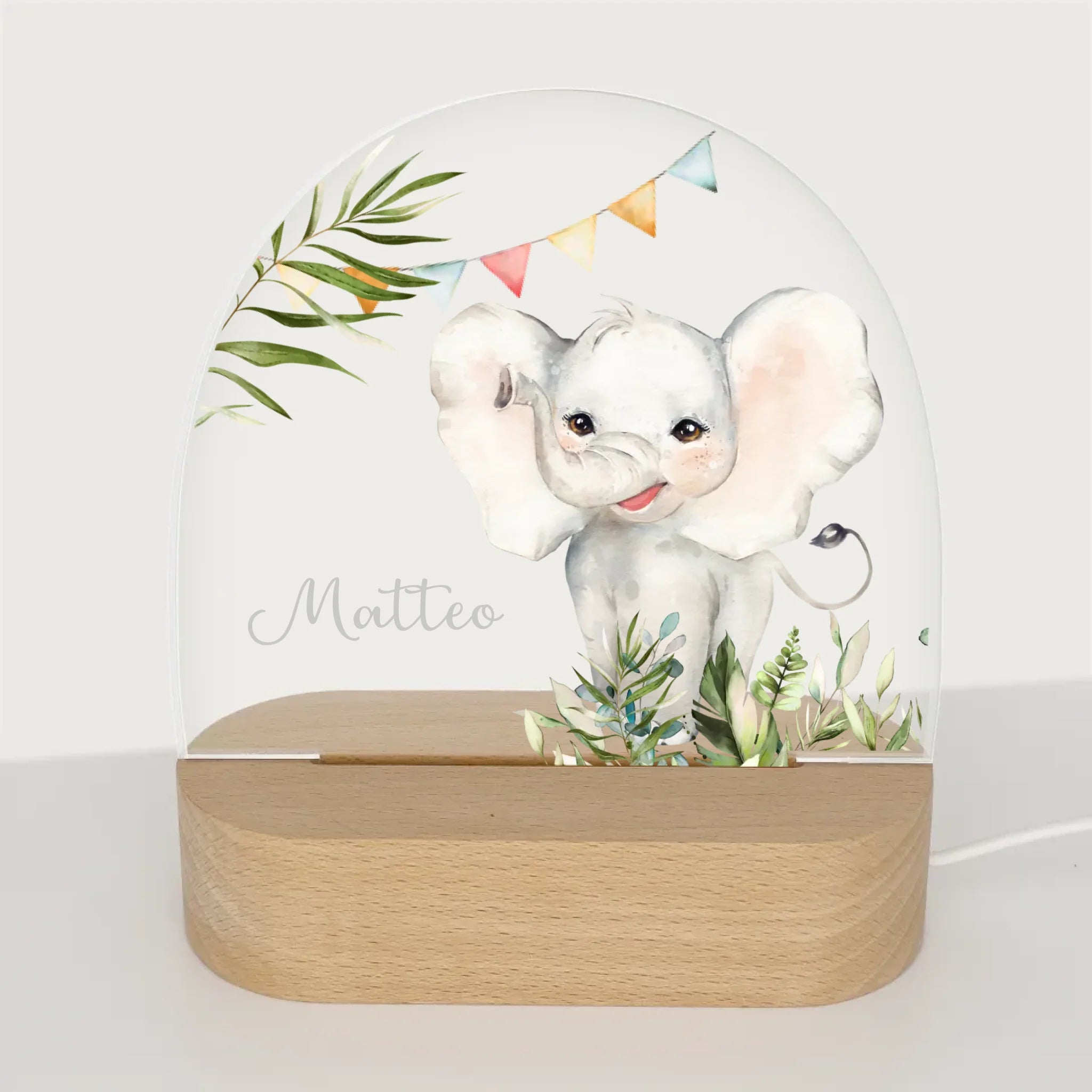 Nachtlicht Elefant personalisiert Nachtlicht oval mit Holzständer und LED-Licht BxHxT ca. 14,5 x 16 x 6 cm 4 mm Acrylglas & Buchenholzständer