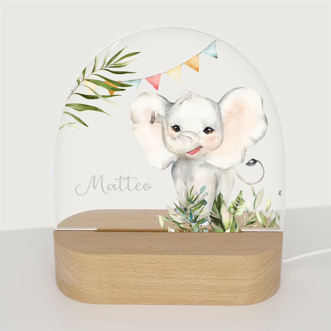 Nachtlicht Elefant personalisiert Nachtlicht oval mit Holzständer und LED-Licht BxHxT ca. 14,5 x 16 x 6 cm 4 mm Acrylglas & Buchenholzständer