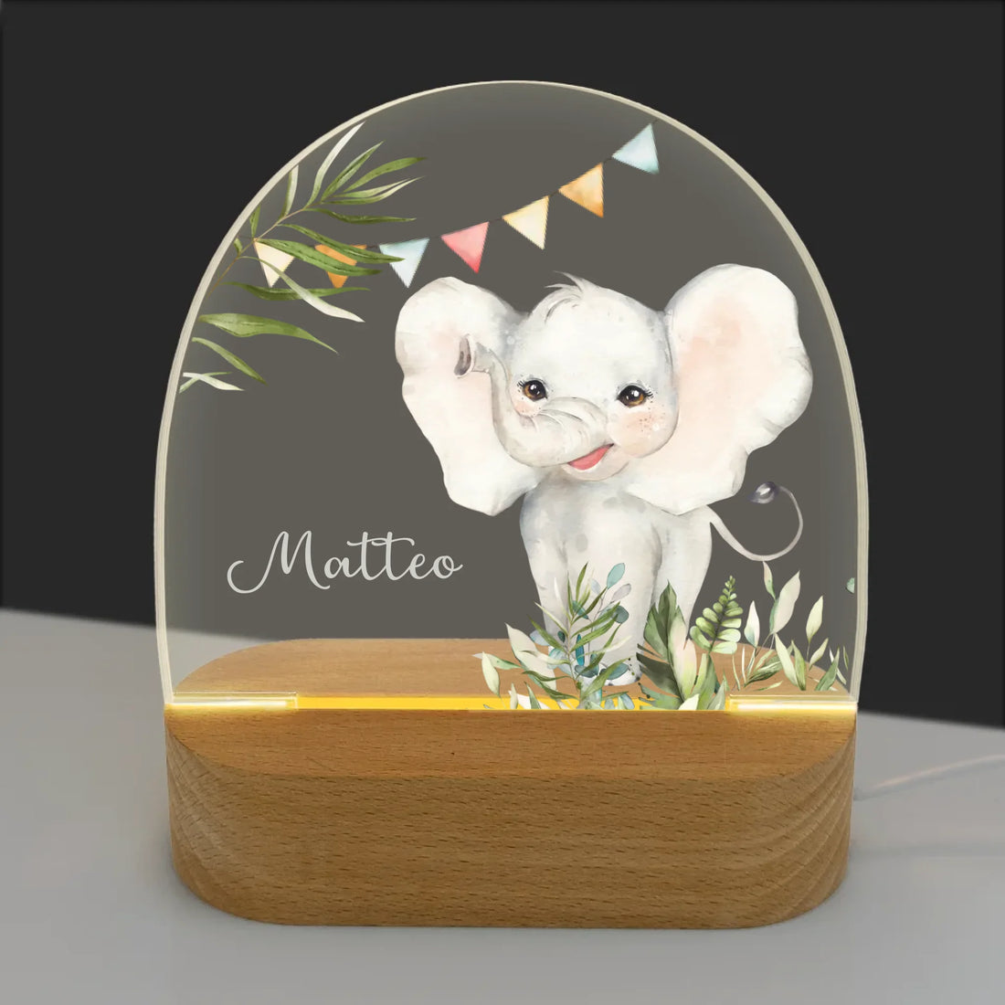 Nachtlicht Elefant personalisiert Nachtlicht oval mit Holzständer und LED-Licht BxHxT ca. 14,5 x 16 x 6 cm 4 mm Acrylglas & Buchenholzständer