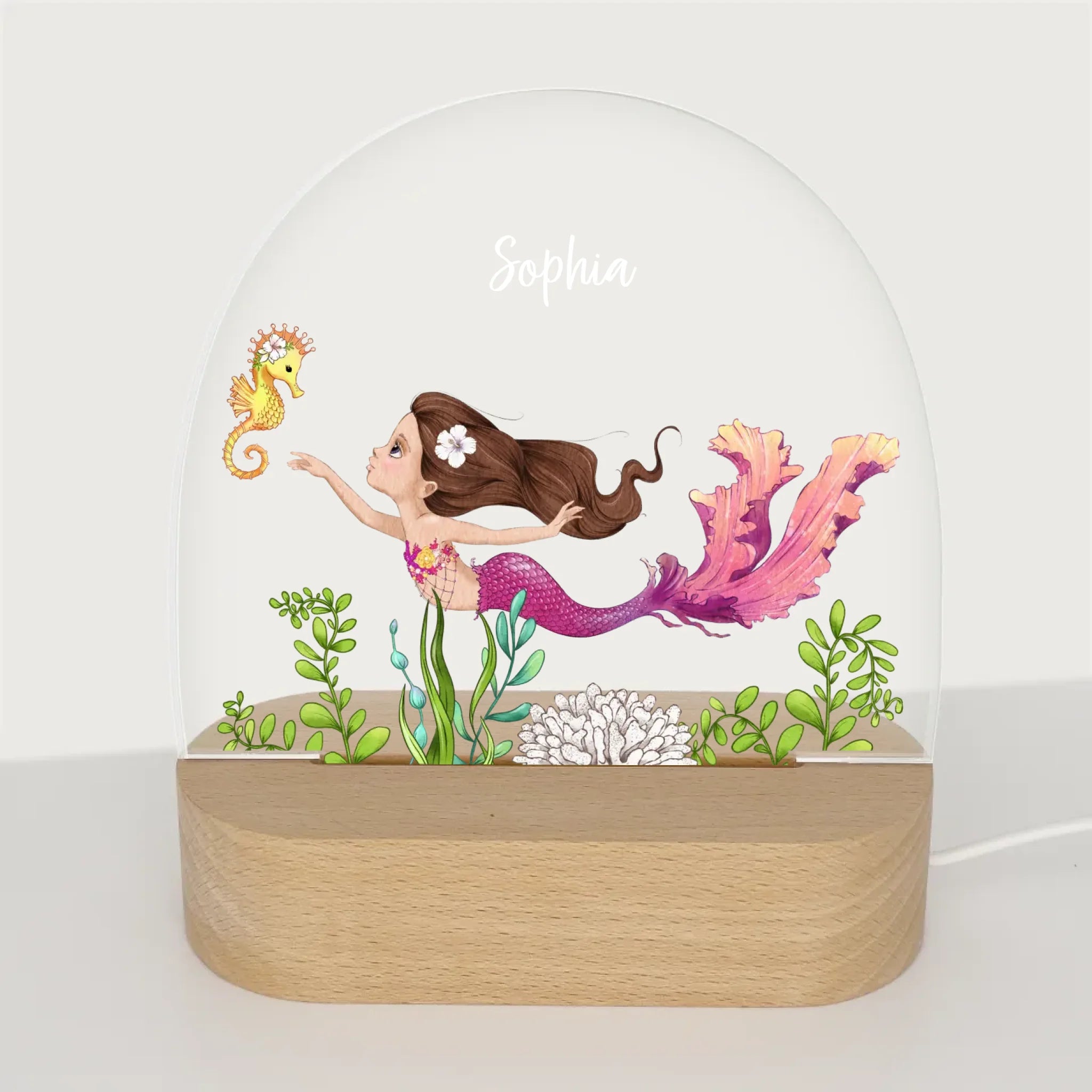 Nachtlicht Meerjungfrau mit Seepferdchen personalisiert Nachtlicht oval mit Holzständer und LED-Licht BxHxT ca. 14,5 x 16 x 6 cm 4 mm Acrylglas & Buchenholzständer