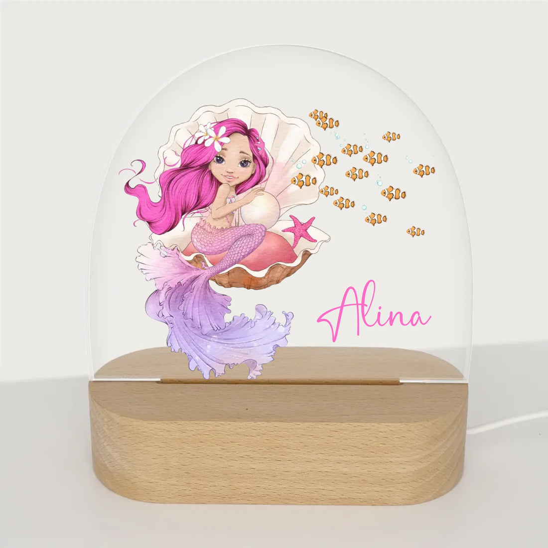 Nachtlicht Meerjungfrau in Muschel personalisiert Nachtlicht oval mit Holzständer und LED-Licht BxHxT ca. 14,5 x 16 x 6 cm 4 mm Acrylglas & Buchenholzständer
