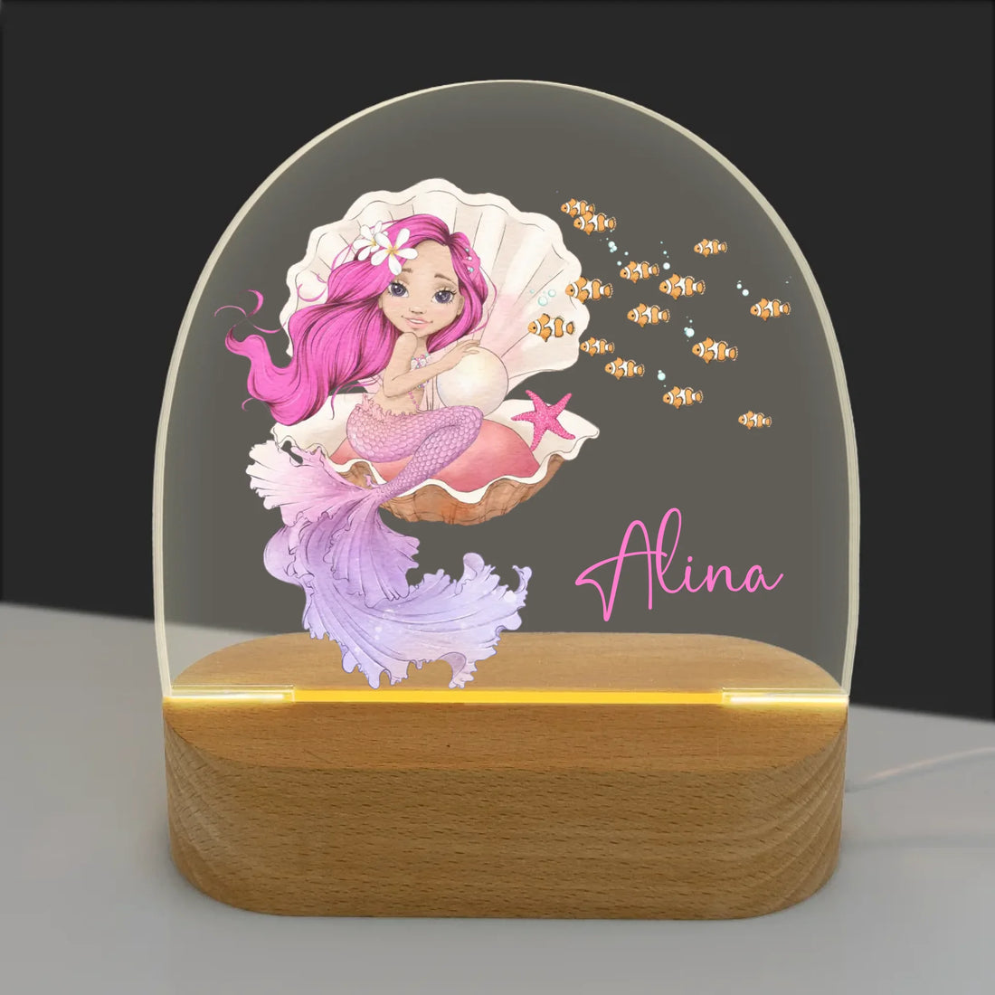 Nachtlicht Meerjungfrau in Muschel personalisiert Nachtlicht oval mit Holzständer und LED-Licht BxHxT ca. 14,5 x 16 x 6 cm 4 mm Acrylglas & Buchenholzständer