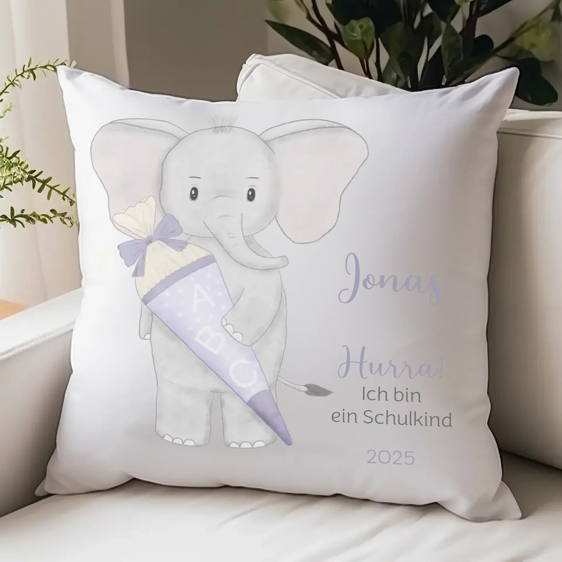 Kinderkissen zur Einschulung, Elefant mit Schultüte Kissen - Jersey Jersey