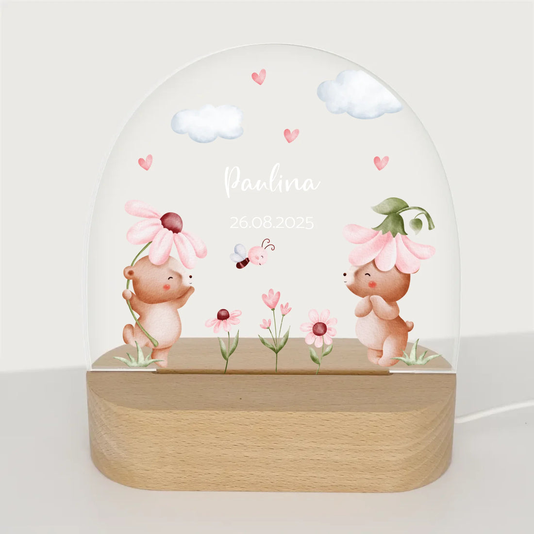 Nachtlicht Bärenbande personalisiert Nachtlicht oval mit Holzständer und LED-Licht BxHxT ca. 14,5 x 16 x 6 cm 4 mm Acrylglas & Buchenholzständer