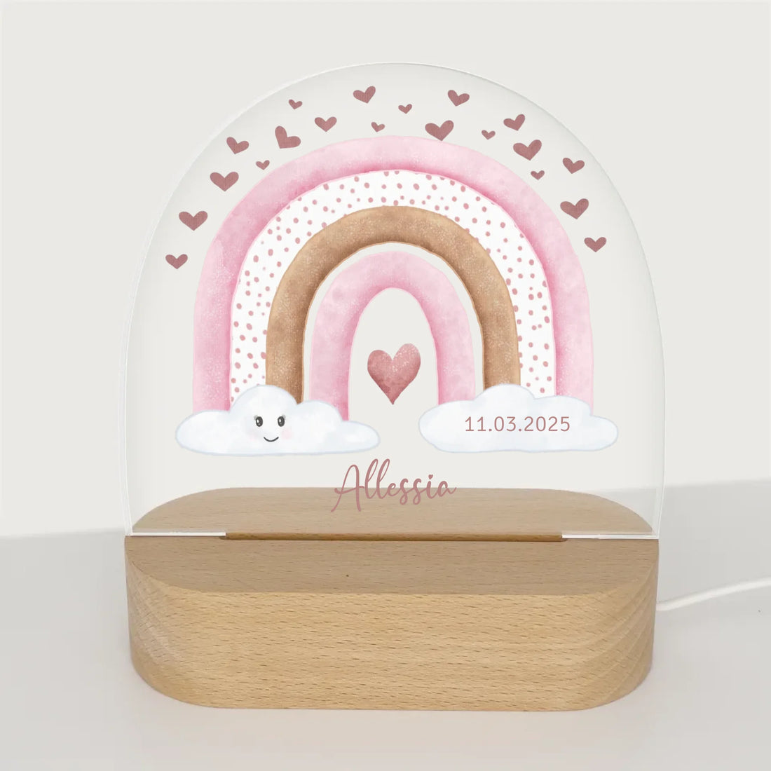 Nachtlicht Regenbogen mit Herzen personalisiert Nachtlicht oval mit Holzständer und LED-Licht BxHxT ca. 14,5 x 16 x 6 cm 4 mm Acrylglas & Buchenholzständer