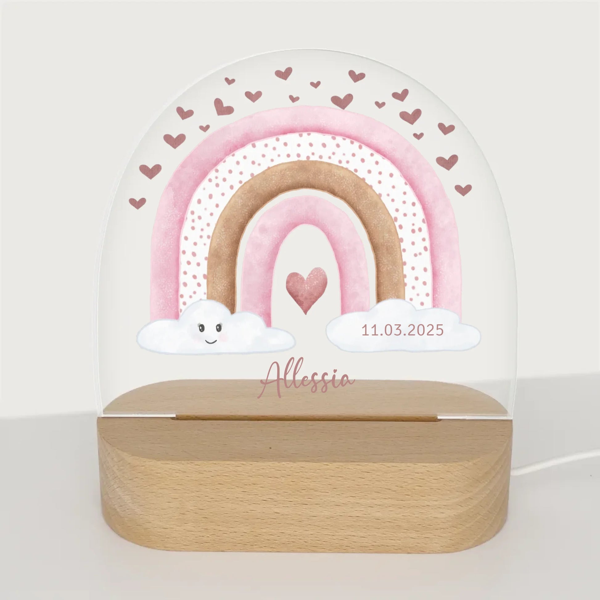 Nachtlicht Regenbogen mit Herzen personalisiert Nachtlicht oval mit Holzständer und LED-Licht BxHxT ca. 14,5 x 16 x 6 cm 4 mm Acrylglas & Buchenholzständer