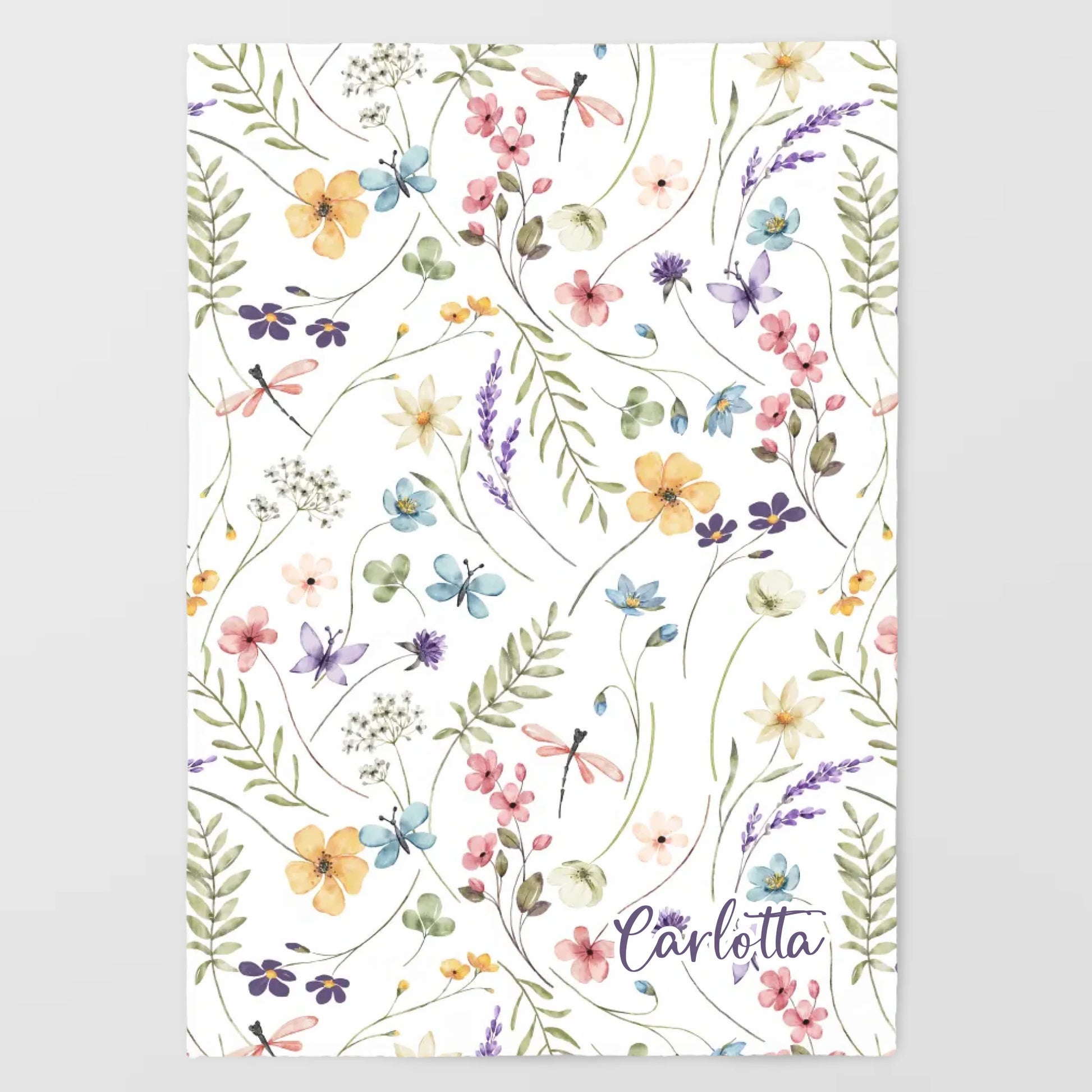 Kinderdecke Wildblumen bunt personalisiert, Namensdecke Standarddecke weiß bedruckt 70 x 100 cm