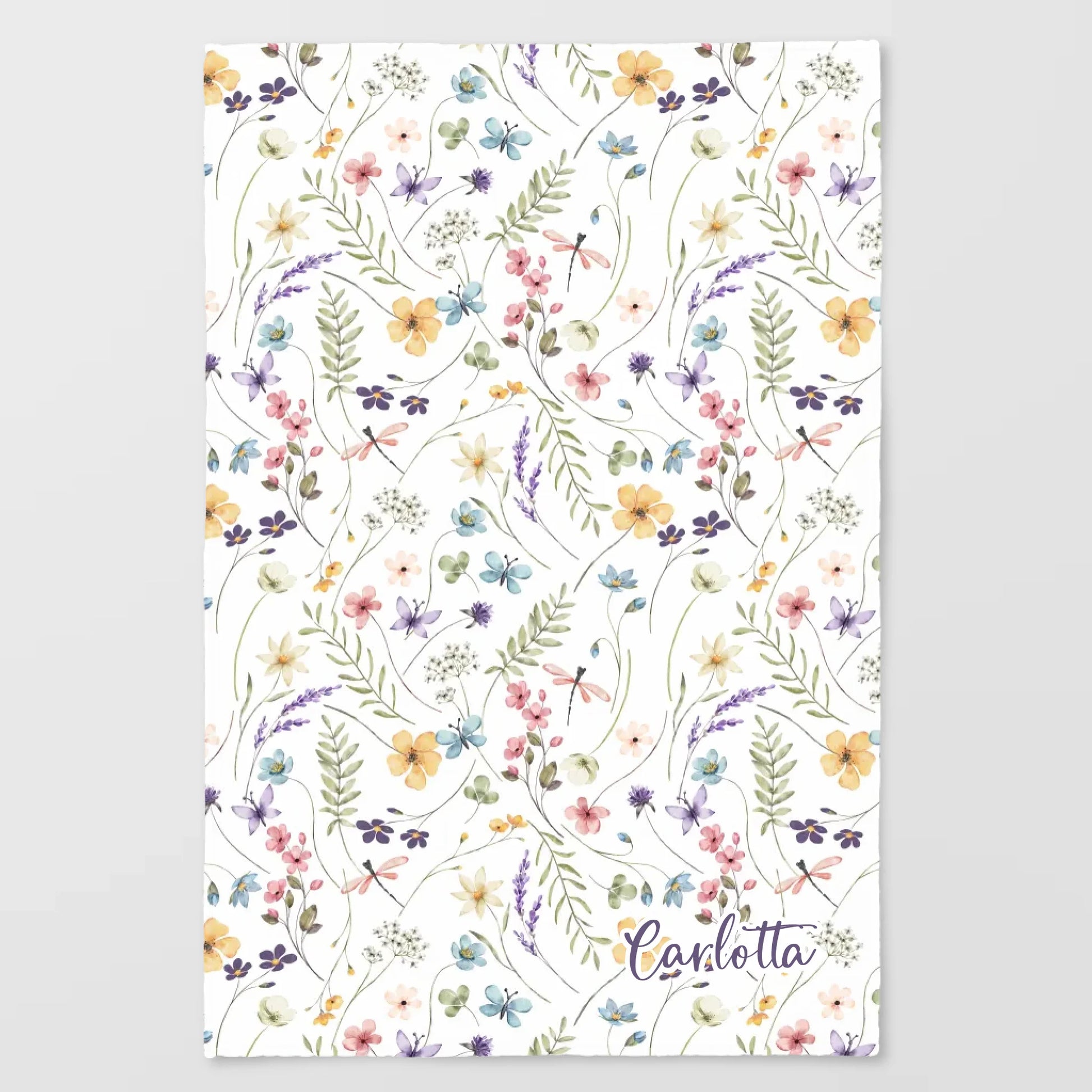 Kinderdecke Wildblumen bunt personalisiert, Namensdecke Standarddecke weiß bedruckt 100 x 150 cm