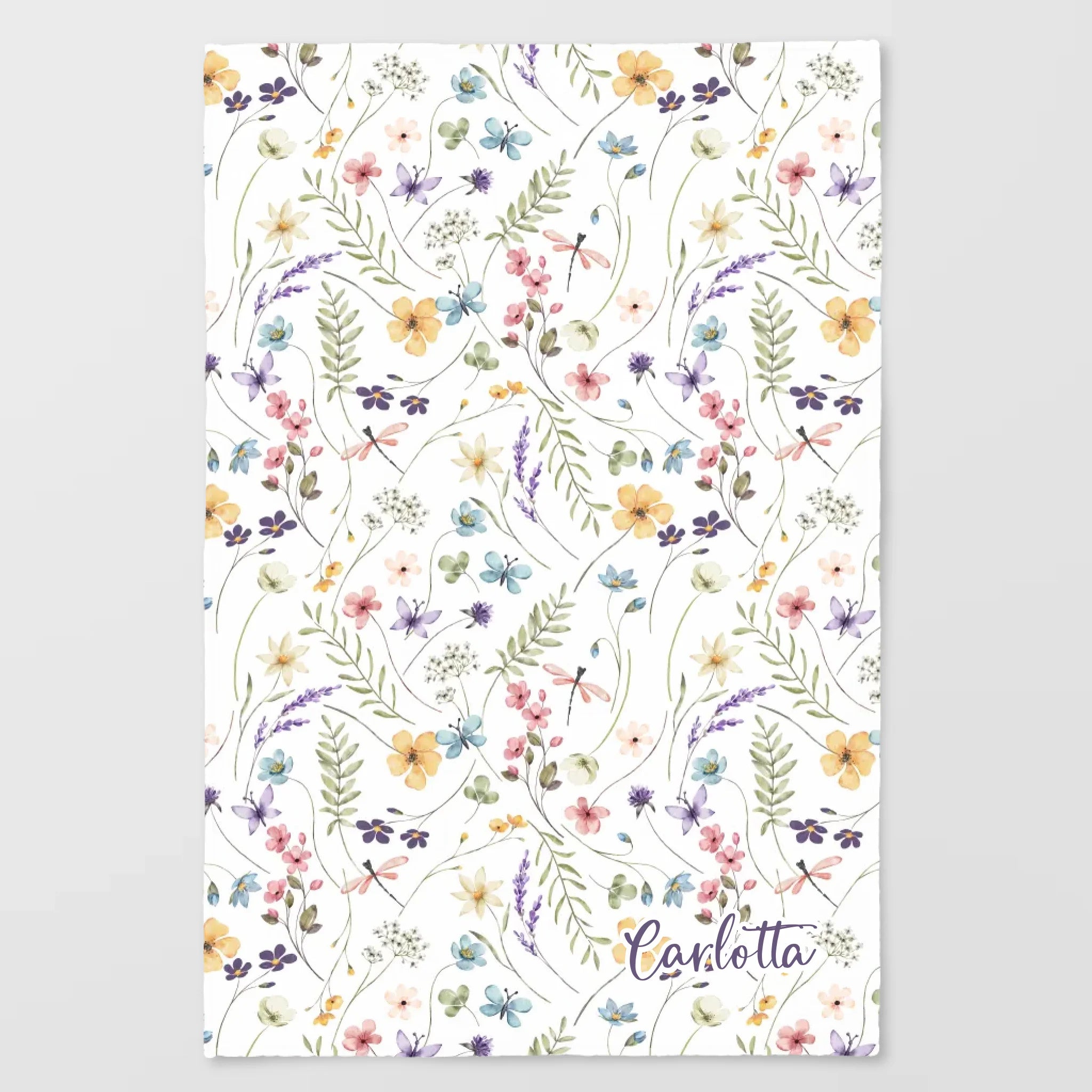 Kinderdecke Wildblumen bunt personalisiert, Namensdecke Standarddecke weiß bedruckt 100 x 150 cm