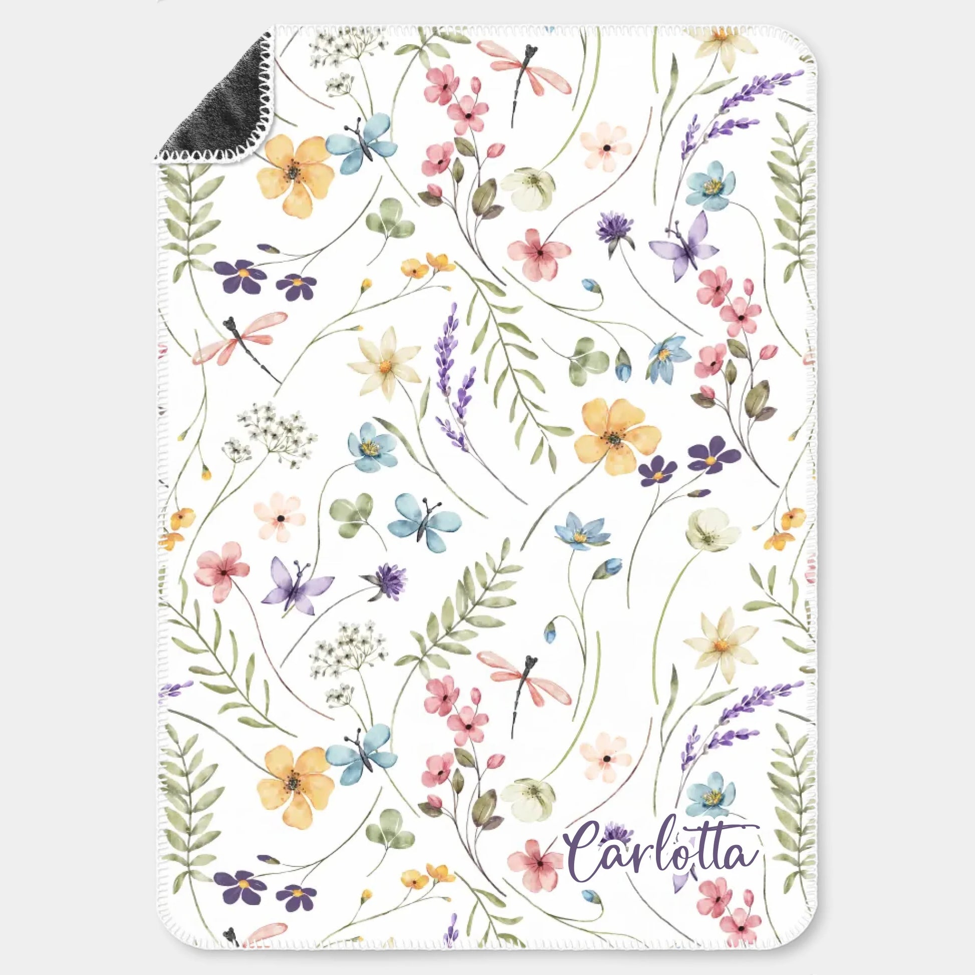 Kinderdecke Wildblumen bunt personalisiert, Namensdecke Premiumdecke weiß bedruckt 70 x 100 cm
